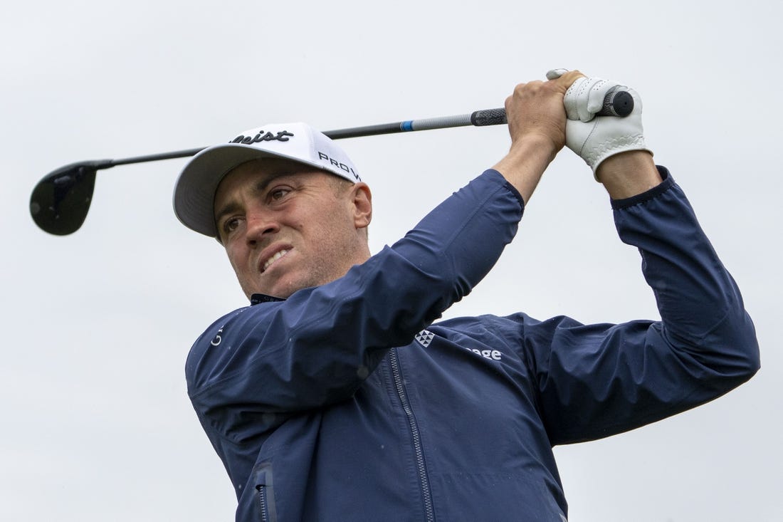 July 18, 2023; Hoylake, ENGLAND, GBR; Justin Thomas hits his tee shot on the fifth hole during a practice round of The Open Championship golf tournament at Royal Liverpool. Mandatory Credit: Kyle Terada-USA TODAY Sports