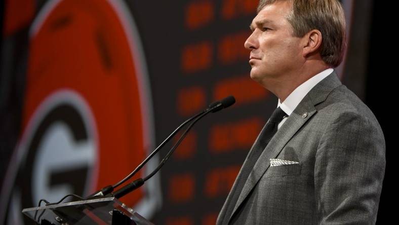 Jul 18, 2023; Nashville, TN, USA;  Georgia Bulldogs head coach Kirby Smart speaks with the media during SEC Media Days at Grand Hyatt. Mandatory Credit: Steve Roberts-USA TODAY Sports