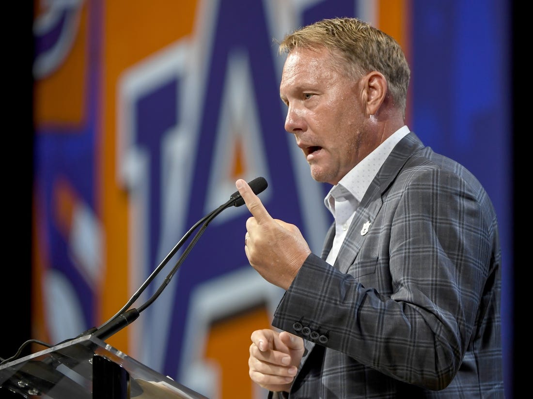 Jul 18, 2023; Nashville, TN, USA;  Auburn Tigers head coach Hugh Freeze speaks with the media during SEC Media Days at Grand Hyatt. Mandatory Credit: Steve Roberts-USA TODAY Sports