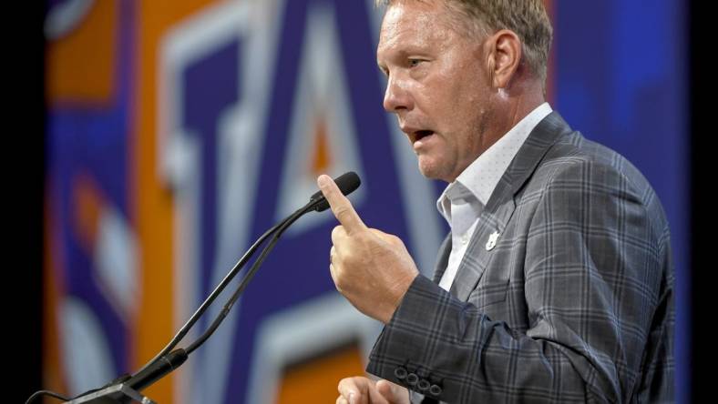 Jul 18, 2023; Nashville, TN, USA;  Auburn Tigers head coach Hugh Freeze speaks with the media during SEC Media Days at Grand Hyatt. Mandatory Credit: Steve Roberts-USA TODAY Sports