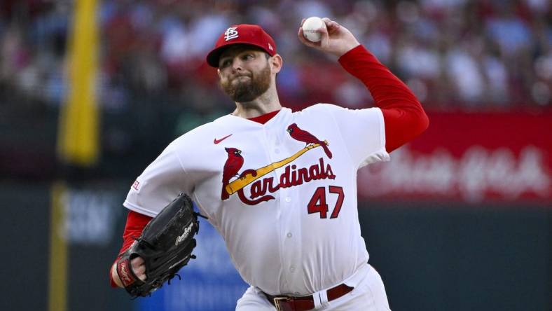 Jul 18, 2023; St. Louis, Missouri, USA;  St. Louis Cardinals starting pitcher Jordan Montgomery (47) pitches against the Miami Marlins during the second inning at Busch Stadium. Mandatory Credit: Jeff Curry-USA TODAY Sports