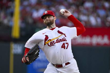 Jul 18, 2023; St. Louis, Missouri, USA;  St. Louis Cardinals starting pitcher Jordan Montgomery (47) pitches against the Miami Marlins during the second inning at Busch Stadium. Mandatory Credit: Jeff Curry-USA TODAY Sports