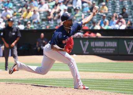 Jul 19, 2023; Oakland, California, USA; Boston Red Sox relief pitcher Joely Rodriguez (57) pitches the ball against the Oakland Athletics during the fifth inning at Oakland-Alameda County Coliseum. Mandatory Credit: Kelley L Cox-USA TODAY Sports