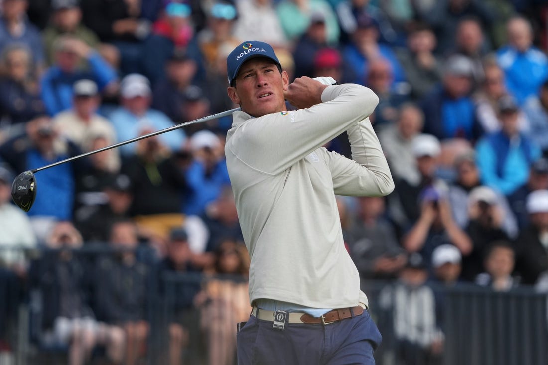 July 20, 2023; Hoylake, ENGLAND, GBR; Christo Lamprecht plays his shot from the fourth tee during the first round of The Open Championship golf tournament at Royal Liverpool. Mandatory Credit: Kyle Terada-USA TODAY Sports