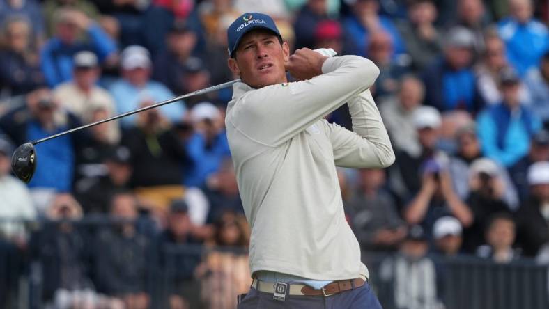 July 20, 2023; Hoylake, ENGLAND, GBR; Christo Lamprecht plays his shot from the fourth tee during the first round of The Open Championship golf tournament at Royal Liverpool. Mandatory Credit: Kyle Terada-USA TODAY Sports