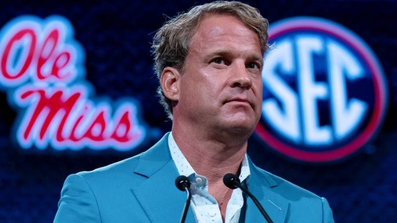 Ole Miss Head Coach Lane Kiffin speaks at the 2023 SEC Football Kickoff Media Days at the Nashville Grand Hyatt on Broadway, Thursday, July 20, 2023.