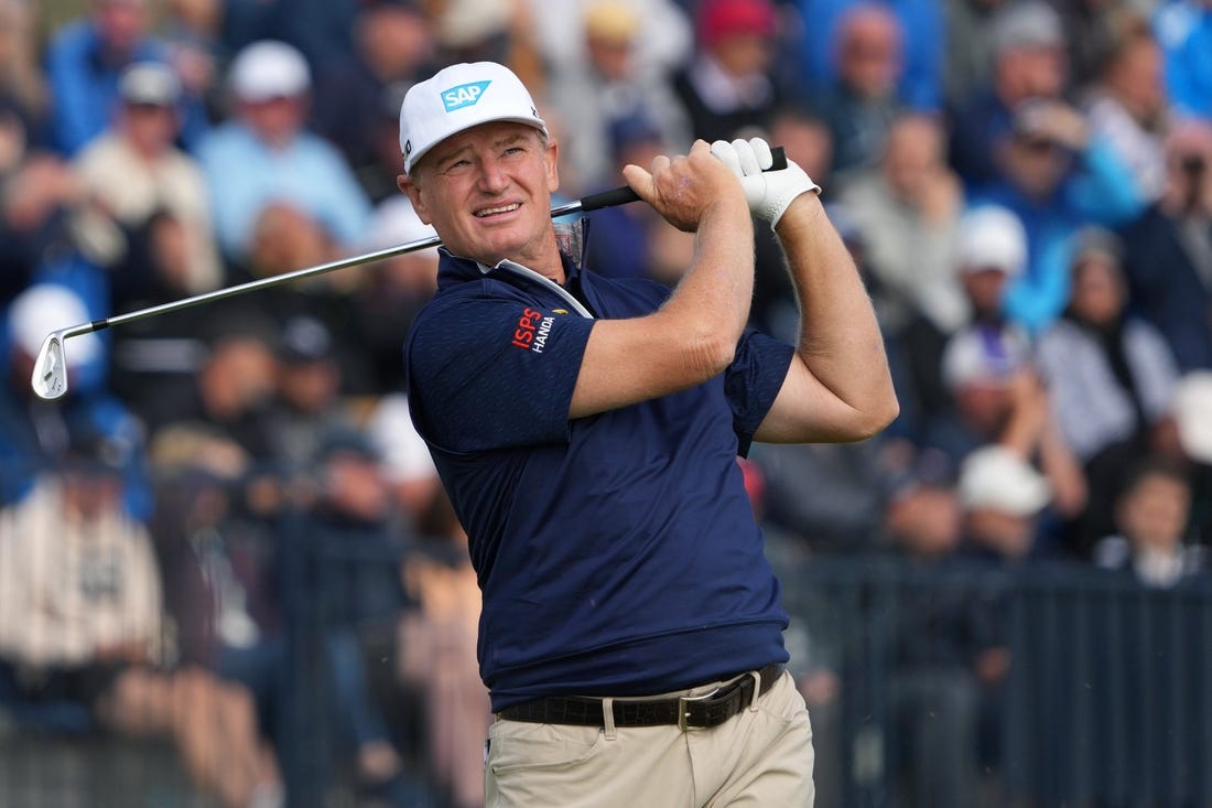 July 20, 2023; Hoylake, ENGLAND, GBR; Ernie Els plays his shot from the fourth tee during the first round of The Open Championship golf tournament at Royal Liverpool. Mandatory Credit: Kyle Terada-USA TODAY Sports