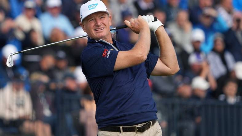 July 20, 2023; Hoylake, ENGLAND, GBR; Ernie Els plays his shot from the fourth tee during the first round of The Open Championship golf tournament at Royal Liverpool. Mandatory Credit: Kyle Terada-USA TODAY Sports