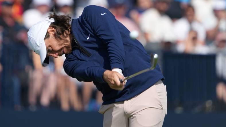 July 20, 2023; Hoylake, ENGLAND, GBR; Tommy Fleetwood plays his shot from the fourth tee during the first round of The Open Championship golf tournament at Royal Liverpool. Mandatory Credit: Kyle Terada-USA TODAY Sports