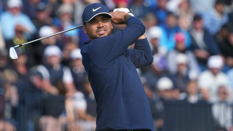 July 20, 2023; Hoylake, ENGLAND, GBR; Jason Day plays his shot from the fourth tee during the first round of The Open Championship golf tournament at Royal Liverpool. Mandatory Credit: Kyle Terada-USA TODAY Sports