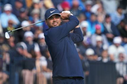 July 20, 2023; Hoylake, ENGLAND, GBR; Jason Day plays his shot from the fourth tee during the first round of The Open Championship golf tournament at Royal Liverpool. Mandatory Credit: Kyle Terada-USA TODAY Sports