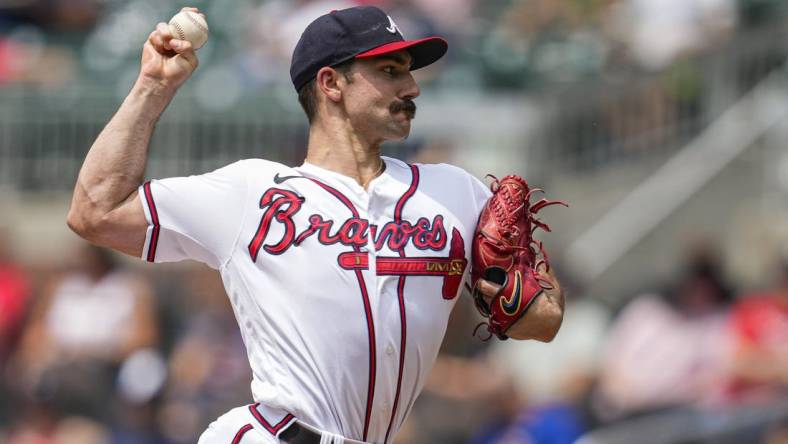 Jul 20, 2023; Cumberland, Georgia, USA; Atlanta Braves starting pitcher Spencer Strider (99) pitches against the Arizona Diamondbacks during the first inning at Truist Park. Mandatory Credit: Dale Zanine-USA TODAY Sports