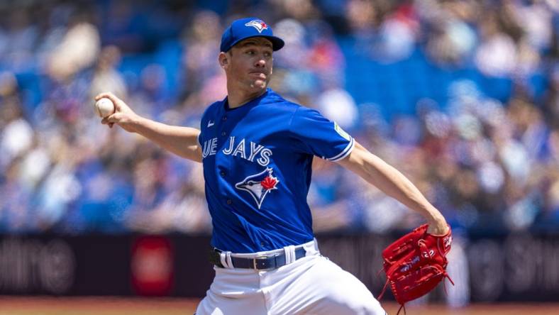 Jul 20, 2023; Toronto, Ontario, CAN; Toronto Blue Jays starting pitcher Chris Bassitt (40) pitches to the San Diego Padres during the first inning at Rogers Centre. Mandatory Credit: Kevin Sousa-USA TODAY Sports