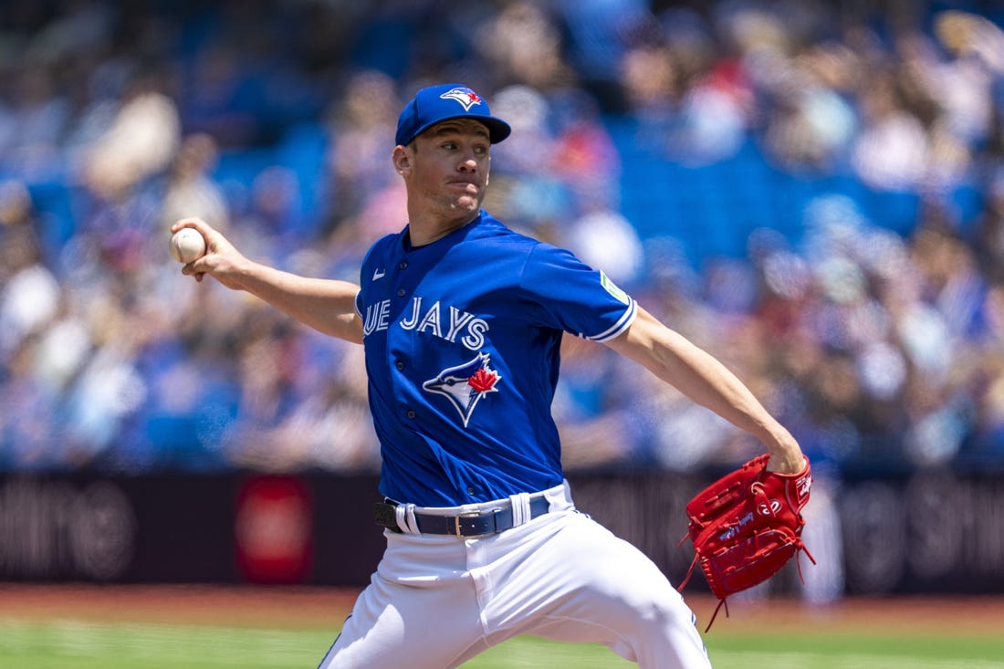 Jul 20, 2023; Toronto, Ontario, CAN; Toronto Blue Jays starting pitcher Chris Bassitt (40) pitches to the San Diego Padres during the first inning at Rogers Centre. Mandatory Credit: Kevin Sousa-USA TODAY Sports
