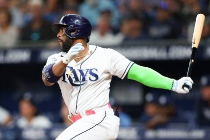 Jul 20, 2023; St. Petersburg, Florida, USA;  Tampa Bay Rays designated hitter Yandy Diaz (2) hits a two rbi double against the Baltimore Orioles in the seventh inning at Tropicana Field. Mandatory Credit: Nathan Ray Seebeck-USA TODAY Sports