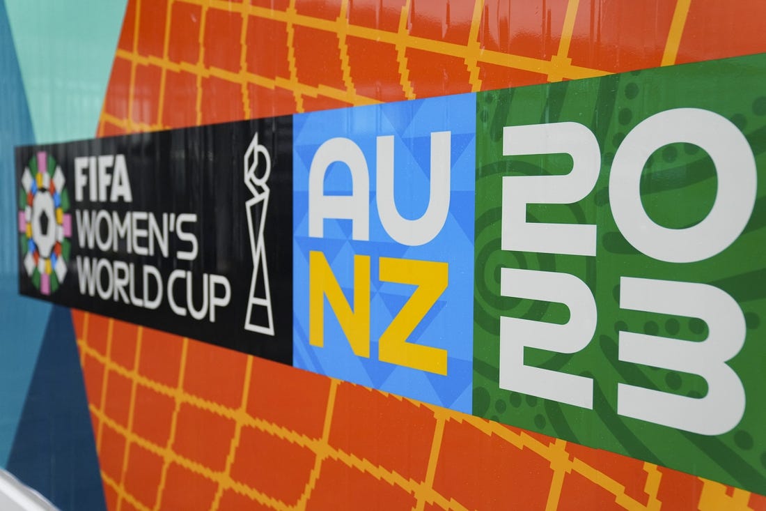 Jul 21, 2023; Auckland, NZL; A 2023 FIFA Women's World Cup logo is seen outside a fan festival. Mandatory Credit: Jenna Watson-USA TODAY Sports