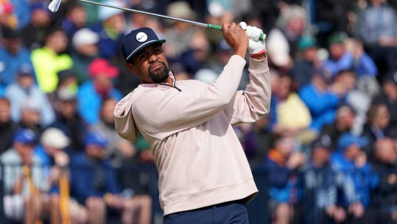 July 21, 2023; Hoylake, ENGLAND, GBR; Tony Finau plays on the fourth hole during the second round of The Open Championship golf tournament at Royal Liverpool. Mandatory Credit: Kyle Terada-USA TODAY Sports