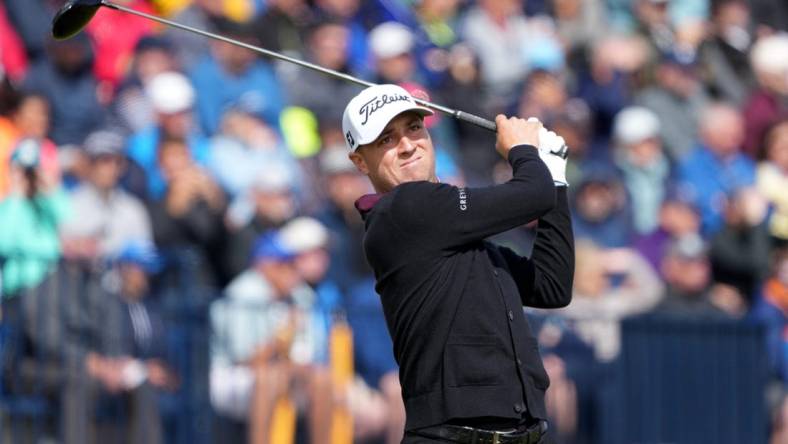 July 21, 2023; Hoylake, ENGLAND, GBR; Justin Thomas plays on the fourth hole during the second round of The Open Championship golf tournament at Royal Liverpool. Mandatory Credit: Kyle Terada-USA TODAY Sports