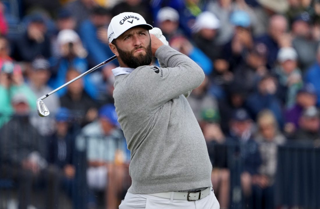 July 21, 2023; Hoylake, ENGLAND, GBR; Jon Rahm plays on the fourth hole during the second round of The Open Championship golf tournament at Royal Liverpool. Mandatory Credit: Kyle Terada-USA TODAY Sports