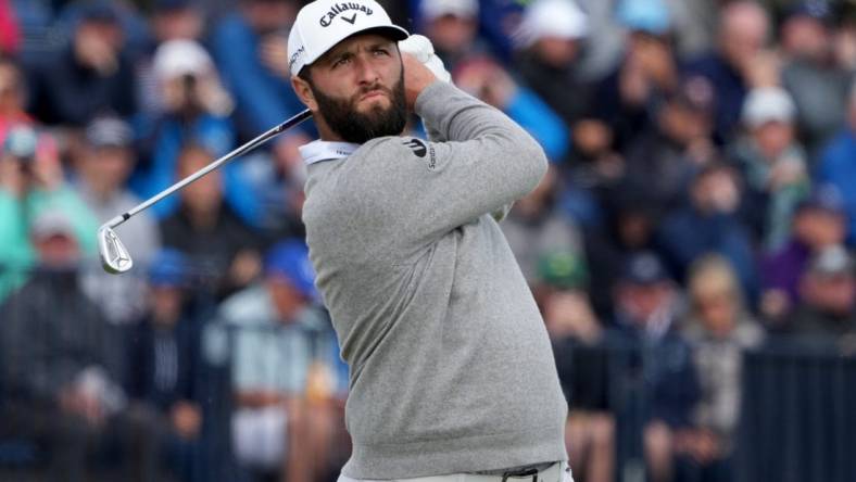 July 21, 2023; Hoylake, ENGLAND, GBR; Jon Rahm plays on the fourth hole during the second round of The Open Championship golf tournament at Royal Liverpool. Mandatory Credit: Kyle Terada-USA TODAY Sports