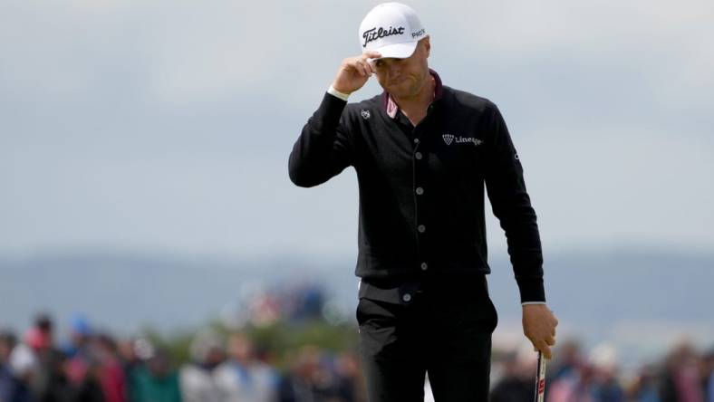 July 21, 2023; Hoylake, ENGLAND, GBR; Justin Thomas reacts after a putt on the seventh hole during the second round of The Open Championship golf tournament at Royal Liverpool. Mandatory Credit: Kyle Terada-USA TODAY Sports