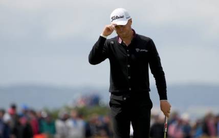 July 21, 2023; Hoylake, ENGLAND, GBR; Justin Thomas reacts after a putt on the seventh hole during the second round of The Open Championship golf tournament at Royal Liverpool. Mandatory Credit: Kyle Terada-USA TODAY Sports