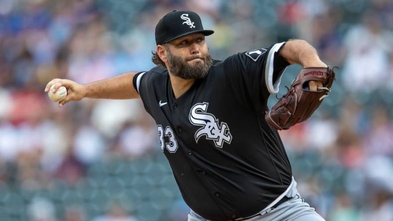 Jul 21, 2023; Minneapolis, Minnesota, USA; Chicago White Sox starting pitcher Lance Lynn (33) delivers a pitch against the Minnesota Twins in the first inning at Target Field. Mandatory Credit: Jesse Johnson-USA TODAY Sports