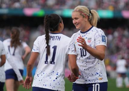 Jul 22, 2023; Auckland, NZL;  USA midfielder Lindsey Horan (10) celebrates with USA forward Sophia Smith (11) after scoring a goal against Vietnam in the second half of a group stage match in the 2023 FIFA Women's World Cup at Eden Park. Mandatory Credit: Jenna Watson-USA TODAY Sports