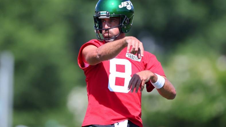 Jul 22, 2023; Florham Park, NJ, USA; New York Jets quarterback Aaron Rodgers (8) participates in drills during the New York Jets Training Camp at Atlantic Health Jets Training Center. Mandatory Credit: Vincent Carchietta-USA TODAY Sports