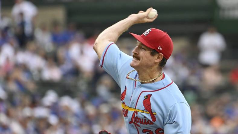 Jul 22, 2023; Chicago, Illinois, USA; St. Louis Cardinals starting pitcher Miles Mikolas (39) pitches against the Chicago Cubs during the first inning at Wrigley Field. Mandatory Credit: Matt Marton-USA TODAY Sports