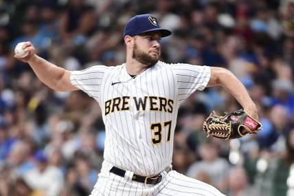 Jul 22, 2023; Milwaukee, Wisconsin, USA; Milwaukee Brewers pitcher Adrian Houser (37) pitches against the Atlanta Braves in the first inning at American Family Field. Mandatory Credit: Benny Sieu-USA TODAY Sports