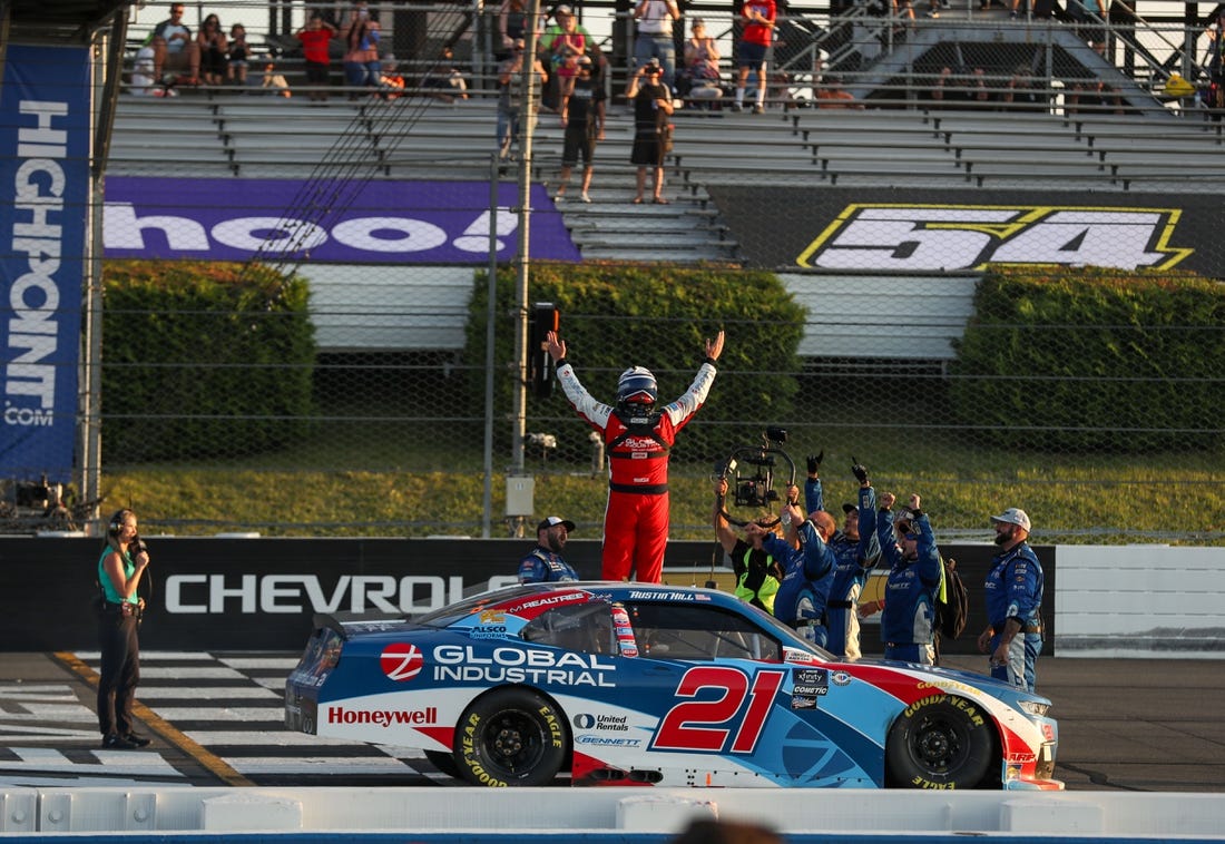 Jul 22, 2023; Long Pond, Pennsylvania, USA; NASCAR Xfinity Series driver Austin Hill (21) celebrates after winning the Explore The Pocono Mountains 225 at Pocono Raceway. Mandatory Credit: Matthew O'Haren-USA TODAY Sports