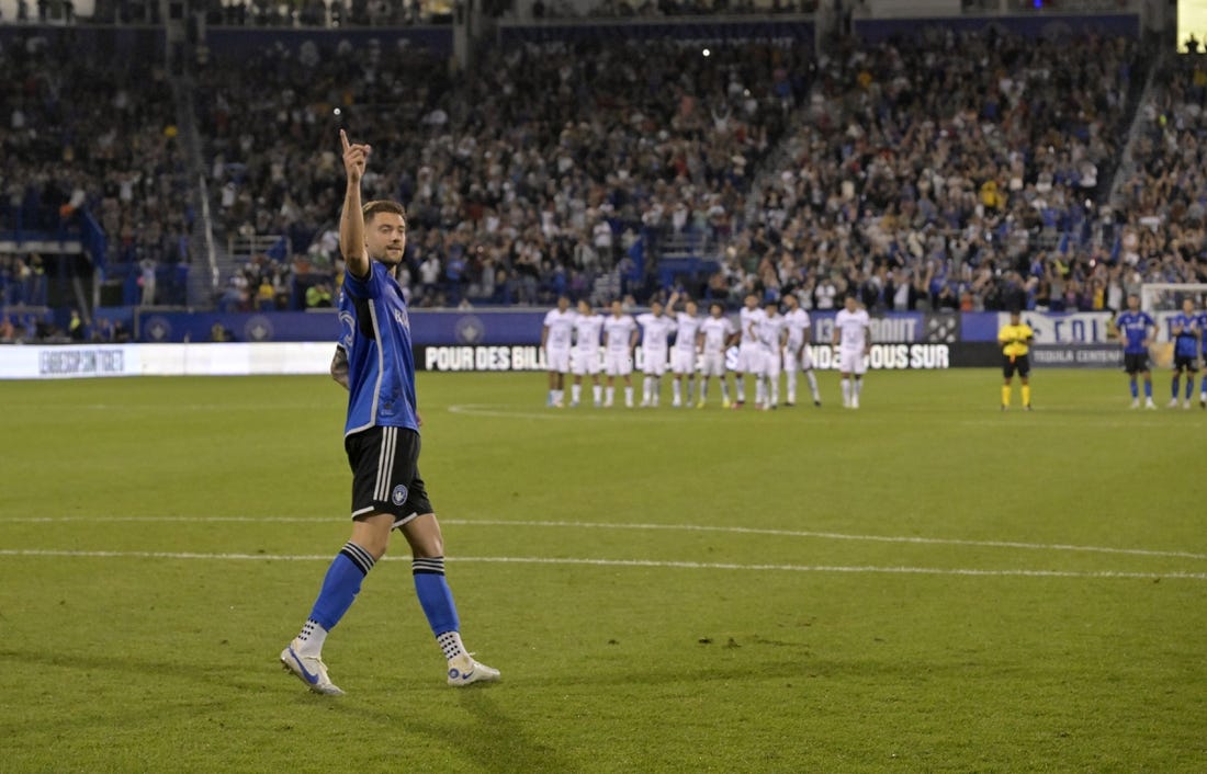 Jul 22, 2023; Montreal, Quebec, CAN; CF Montreal defender Gabriele Corbo (25) reacts after scoring on a penalty kick against CF Montreal during a shootout in a Leagues Cup game at Stade Saputo. Mandatory Credit: Eric Bolte-USA TODAY Sports