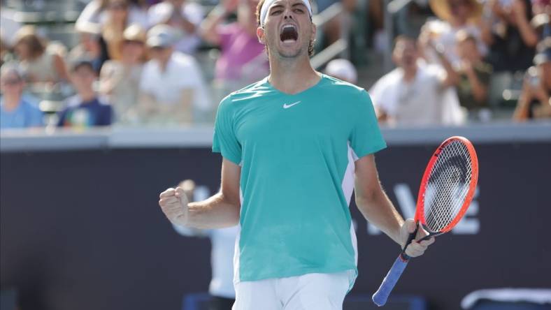 Jul 22, 2023; Los Angeles, CA, USA;  Taylor Fritz wins the match against Diego Schwartzman at the Ultimate Tennis Showdown at Dignity Health Sports Park. Mandatory Credit: Yannick Peterhans-USA TODAY Sports