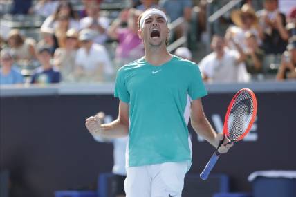 Jul 22, 2023; Los Angeles, CA, USA;  Taylor Fritz wins the match against Diego Schwartzman at the Ultimate Tennis Showdown at Dignity Health Sports Park. Mandatory Credit: Yannick Peterhans-USA TODAY Sports