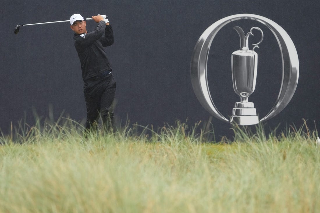 Jul 23, 2023; Hoylake, England, GBR; Tom Kim plays his shot from the first tee during the final round of The Open Championship golf tournament. Mandatory Credit: Kyle Terada-USA TODAY Sports