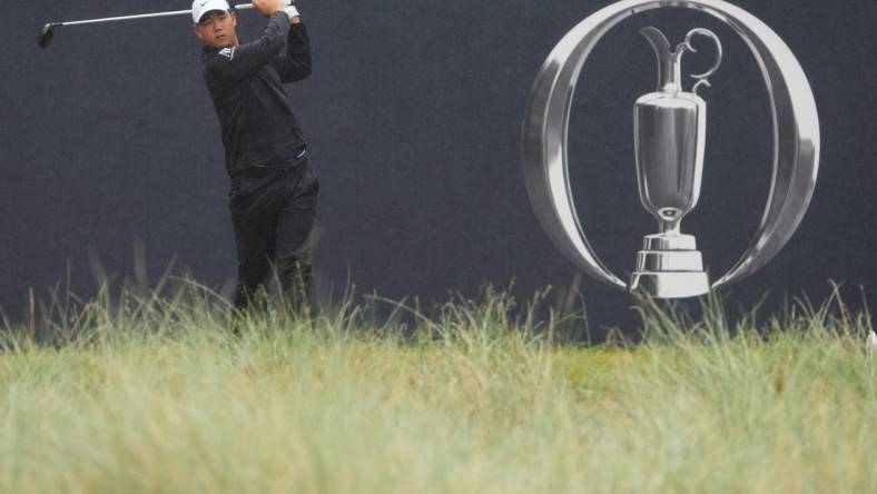 Jul 23, 2023; Hoylake, England, GBR; Tom Kim plays his shot from the first tee during the final round of The Open Championship golf tournament. Mandatory Credit: Kyle Terada-USA TODAY Sports