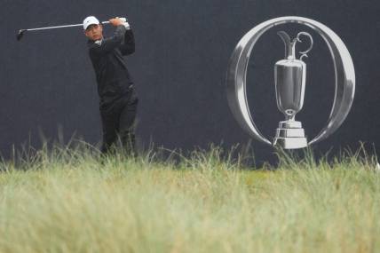 Jul 23, 2023; Hoylake, England, GBR; Tom Kim plays his shot from the first tee during the final round of The Open Championship golf tournament. Mandatory Credit: Kyle Terada-USA TODAY Sports