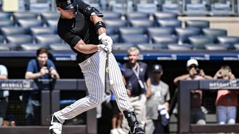 Jul 23, 2023; Bronx, New York, USA; New York Yankees right fielder Aaron Judge (99) takes batting practice with live pitching prior to the MLB game against the Kansas City Royals at Yankee Stadium. Mandatory Credit: John Jones-USA TODAY Sports