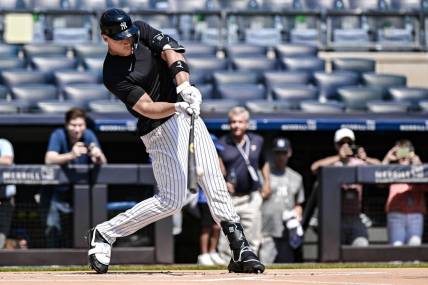 Jul 23, 2023; Bronx, New York, USA; New York Yankees right fielder Aaron Judge (99) takes batting practice with live pitching prior to the MLB game against the Kansas City Royals at Yankee Stadium. Mandatory Credit: John Jones-USA TODAY Sports