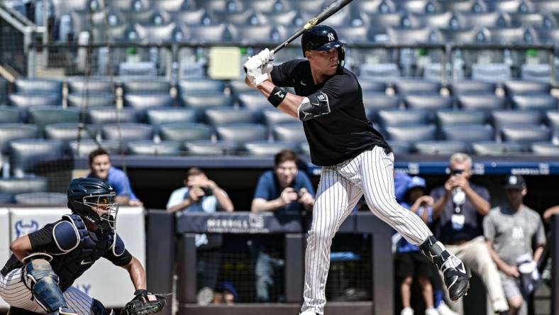 Jul 23, 2023; Bronx, New York, USA; New York Yankees right fielder Aaron Judge (99) takes batting practice with live pitching prior to the MLB game against the Kansas City Royals at Yankee Stadium. Mandatory Credit: John Jones-USA TODAY Sports