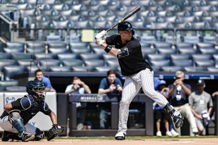 Jul 23, 2023; Bronx, New York, USA; New York Yankees right fielder Aaron Judge (99) takes batting practice with live pitching prior to the MLB game against the Kansas City Royals at Yankee Stadium. Mandatory Credit: John Jones-USA TODAY Sports