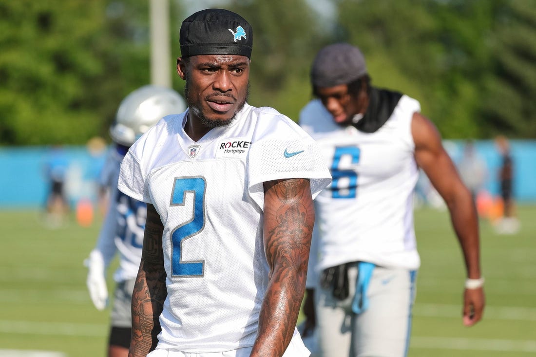 Detroit Lions safety C.J. Gardner-Johnson warms up during training camp at the Detroit Lions Headquarters and Training Facility in Allen Park on Sunday, July 23, 2023.