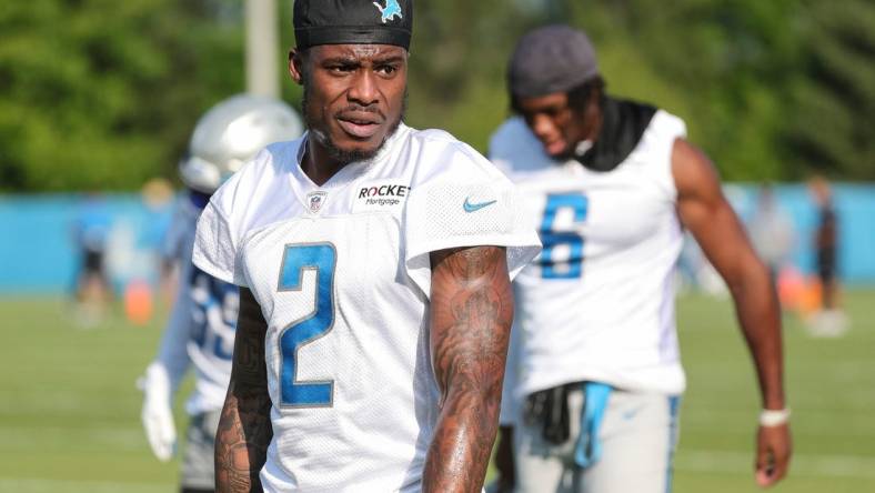 Detroit Lions safety C.J. Gardner-Johnson warms up during training camp at the Detroit Lions Headquarters and Training Facility in Allen Park on Sunday, July 23, 2023.