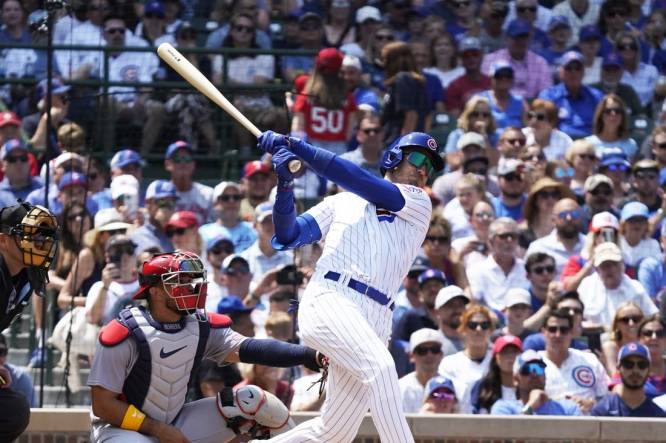 Chicago Cubs' Cody Bellinger bats against the St. Louis Cardinals