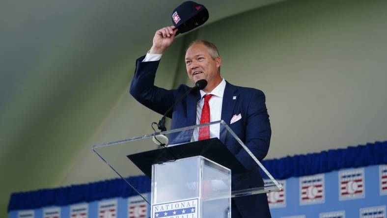 Jul 23, 2023; Cooperstown, NY, USA; Hall of Fame Inductee Scott Rolen makes his acceptance speech during the National Baseball Hall of Fame Induction Ceremony. Mandatory Credit: Gregory Fisher-USA TODAY Sports