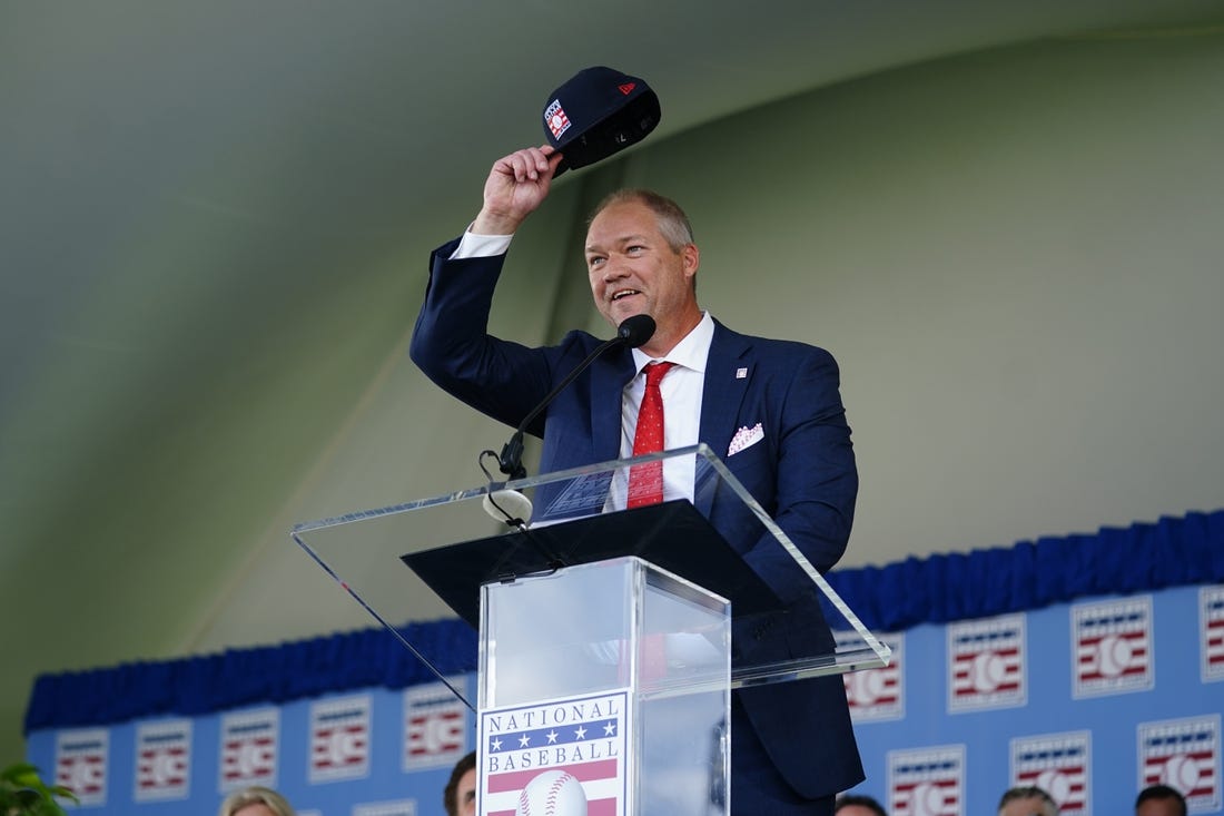 Jul 23, 2023; Cooperstown, NY, USA; Hall of Fame Inductee Scott Rolen makes his acceptance speech during the National Baseball Hall of Fame Induction Ceremony. Mandatory Credit: Gregory Fisher-USA TODAY Sports