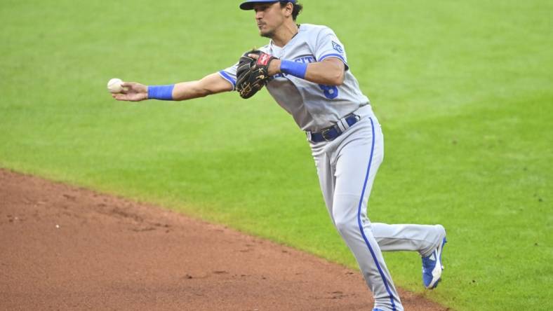 Jul 24, 2023; Cleveland, Ohio, USA; Kansas City Royals second baseman Nicky Lopez (8) throws to first base in the fourth inning against the Cleveland Guardians at Progressive Field. Mandatory Credit: David Richard-USA TODAY Sports