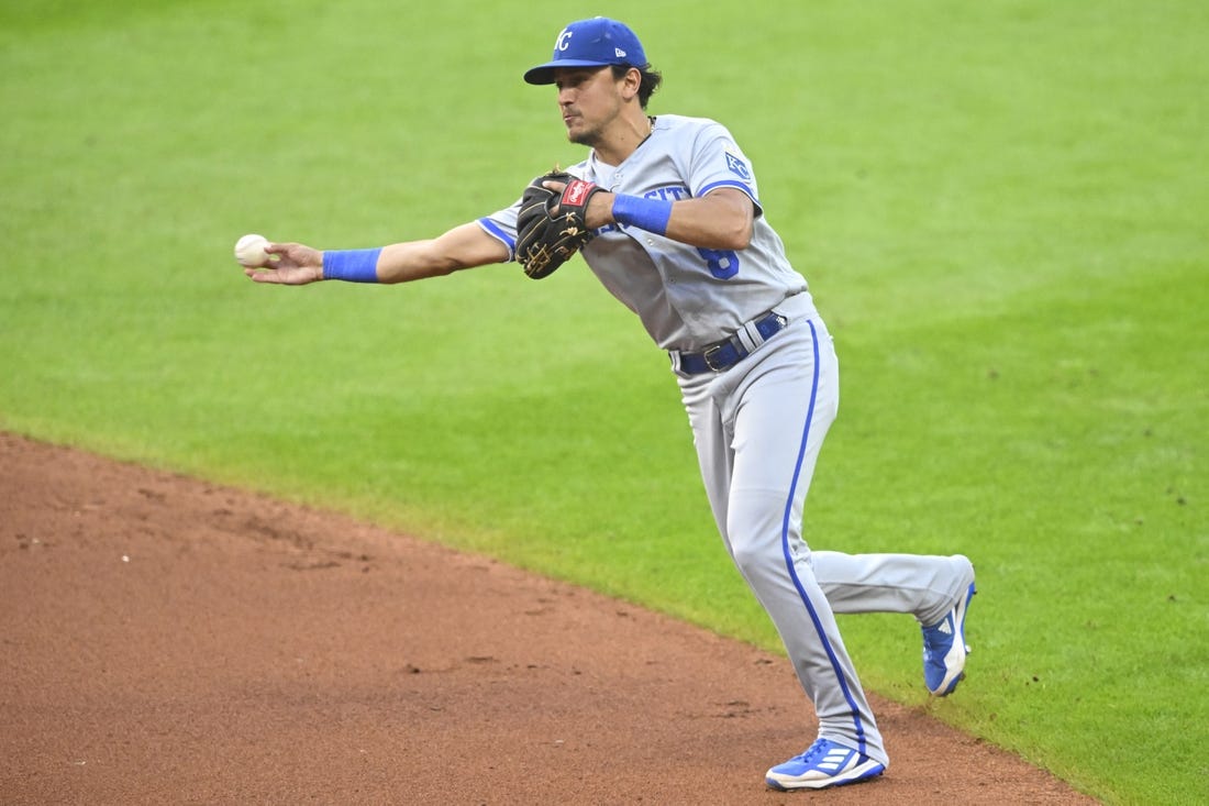 Jul 24, 2023; Cleveland, Ohio, USA; Kansas City Royals second baseman Nicky Lopez (8) throws to first base in the fourth inning against the Cleveland Guardians at Progressive Field. Mandatory Credit: David Richard-USA TODAY Sports