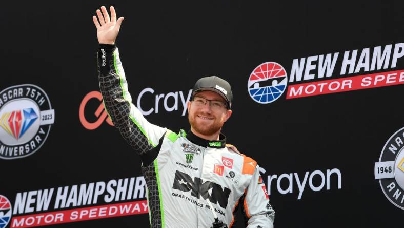 Jul 17, 2023; Loudon, New Hampshire, USA; NASCAR Cup Series driver Tyler Reddick (45) is introduced before the start of  the Crayon 301 at New Hampshire Motor Speedway. Mandatory Credit: Eric Canha-USA TODAY Sports